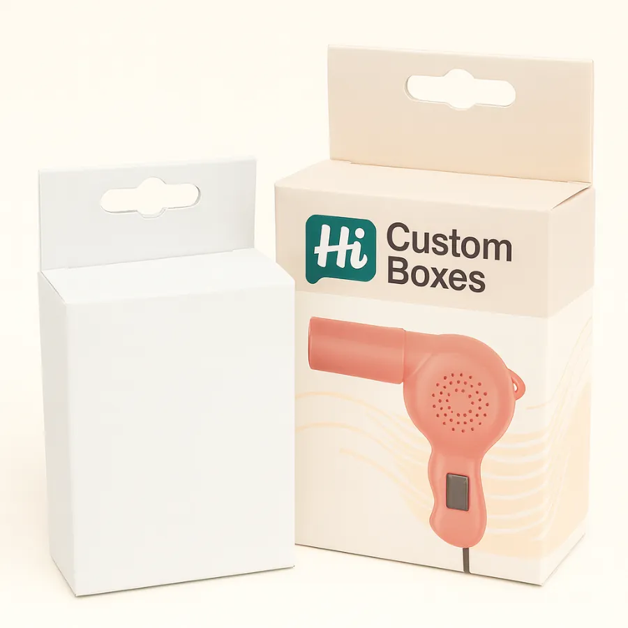 Two hanging retail boxes with euro slots- one blank and one featuring a pink dryer- class=